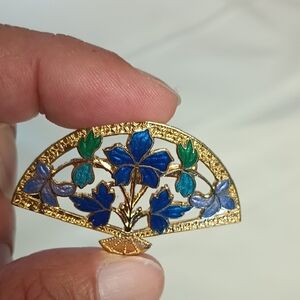 Gold Tone and Blue Floral Fan Brooch